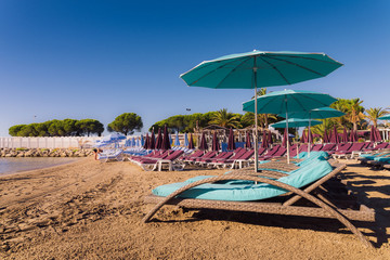 Rows of empty beach lounges in Juan les Pins, France
