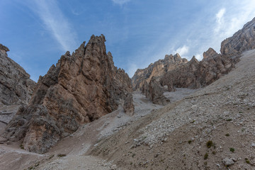 Dolomitic rocky pinnacles along path in the Tofane area, Cortina d'Ampezzo, Italy