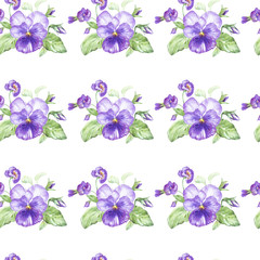 Illustration in watercolor of a pansy flower. Floral card with flowers. Botanical illustration seamless pattern.