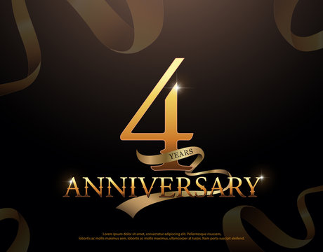 4 year anniversary celebration logotype template. 4th logo with ribbons on black background