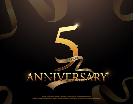 5 year anniversary celebration logotype template. 5th logo with ribbons on black background