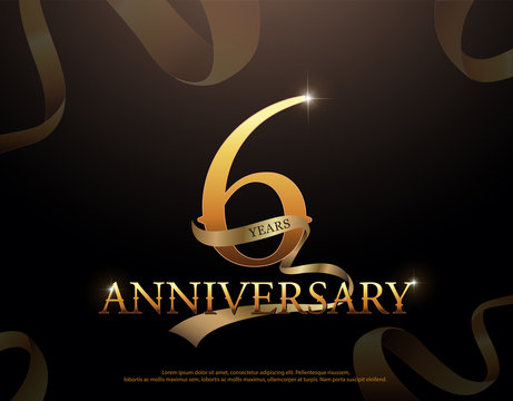 6 year anniversary celebration logotype template. 6th logo with ribbons on black background