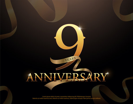 9 year anniversary celebration logotype template. 9th logo with ribbons on black background