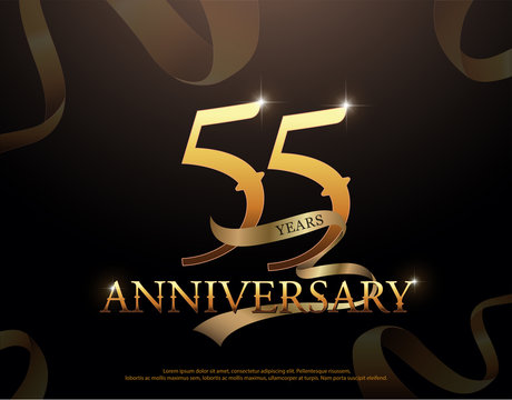 55 year anniversary celebration logotype template. 55th logo with ribbons on black background