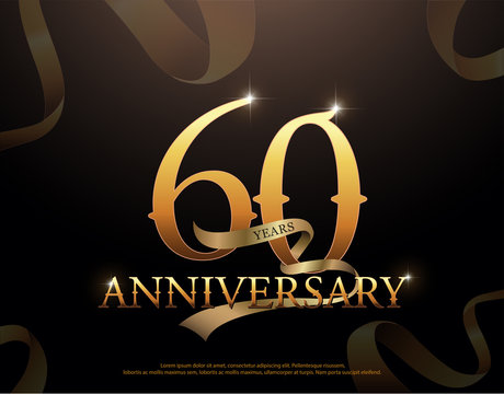 60 year anniversary celebration logotype template. 60th logo with ribbons on black background