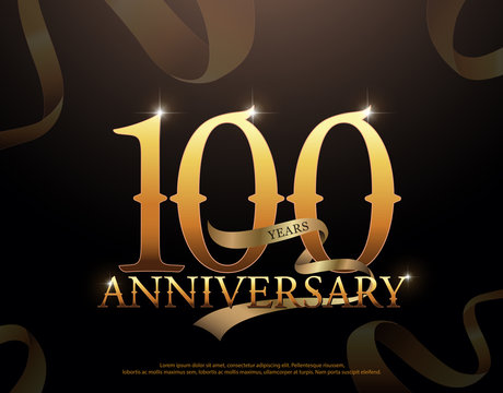 100 year anniversary celebration logotype template. 100th logo with ribbons on black background