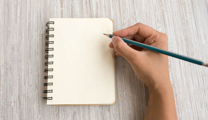 Woman's hands holding pencil and spiral notepad as mockup for your design. gray background, flat lay style.