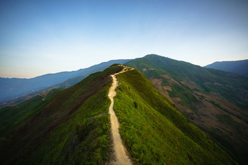 Road on spine and the top of the mountains covered with greenery with gentle valleys at dawn
