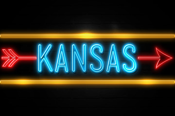 Kansas  - fluorescent Neon Sign on brickwall Front view