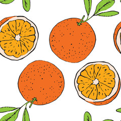 Orange, seamless pattern design, hand drawn doodle, sketch in pop art style, color illustration, white background