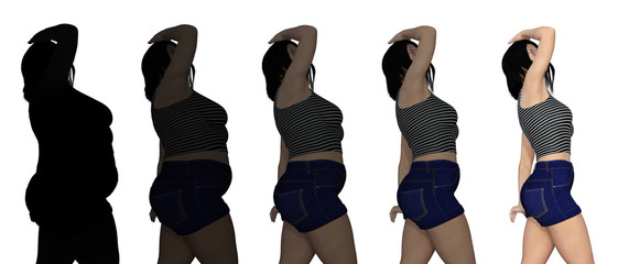 Conceptual fat overweight obese female vs slim fit healthy body after weight loss or diet with muscles thin young woman isolated. A fitness, nutrition or fatness obesity, health shape 3D illustration