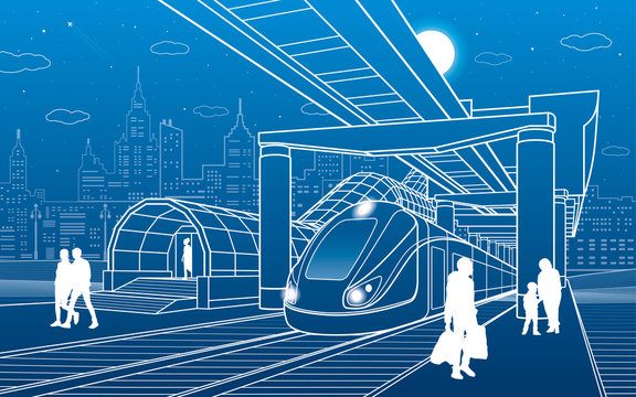 Infrastructure and transport illustration. Monorail railway. People walking under flyover. Crosswalk. Train move. Modern night city. Towers and skyscrapers. White lines. Vector design art