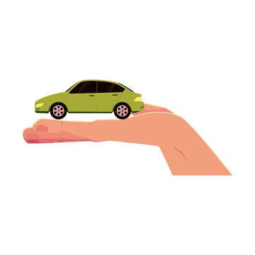 Vector Flat Cartoon Car Model In Opened Palm Of Hand. Isolated Illustration On A White Background. Electric Vehicle Symbol, Green Transportation With No Pollution, Automobile Rent.