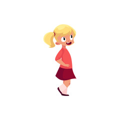 Funny preschool little girl with two ponytails wearing sweater, skirt and knee socks, cartoon vector illustration isolated on white background. Full length portrait of little girl with ponytails