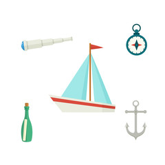 Nautical set - sailboat, anchor, compass, telescope, message bottle, flat cartoon vector illustration isolated on white background. Nautical elements - ship, anchor, compass, telescope, message bottle