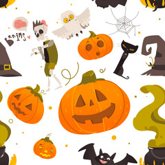 Seamless pattern of Halloween objects - pumpkin, zombie, bat, cat, bat, spider web, cauldron, pointy hat, cartoon vector illustration on white background. Seamless pattern of cartoon Halloween objects