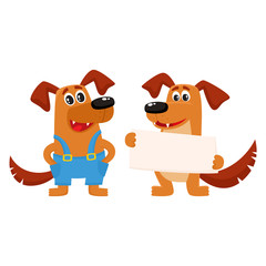 Two funny cute dog characters, one holding blank board, poster, another in blue worker overalls, cartoon vector illustration isolated on white background. Couple of funny dog characters