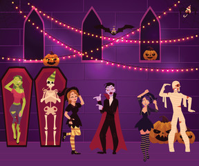 People having fun at Halloween party dressed as witch, zombie, vampire, dracula, mummy, cartoon vector illustration. Halloween party, garlands, pumpkins, people in costumes, coffins