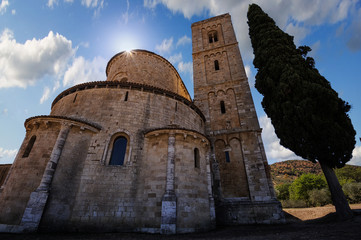 High in the Sky - Sant'Antimo Abbey, Castelnuovo dell Abate, Montalcino, Tuscany, Italy, Europe.