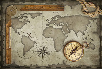 Fototapeta na wymiar Old map background with compass, rope and ruler. Adventure and travel concept. 3d illustration.