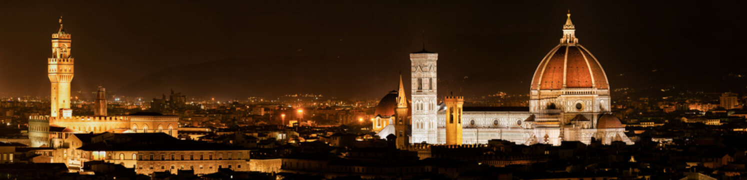 Cathedral Santa Maria of Flowers, Arnolfo Tower and the Palazzio Vecchio, Duomo, Florence, Tuscany, Italy, Europe. Two Master Pieces of Monuments are glowing over the town in the Night.