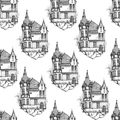 Repeated pattern. Seamless texture with beautiful vintage houses soaring on the stones. It can be used as wallpaper, desktop, printing, fabric or background for your blog, covers and your design.