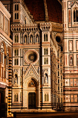 Frontage of  the Cathedral Santa Maria of the Flowers, Piazza del Duomo, Florence, Tuscany, Italy, Europe.  The Huge Cathedral's Door keep an Eye around during the Night. © Stephane