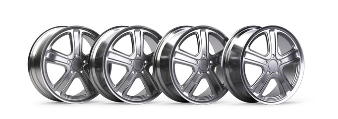 Set of four aluminum alloy wheels. 3D illustration high quality resolution.