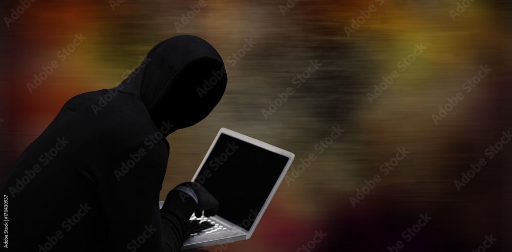 Poster composite image of hacker using laptop