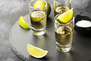 Tequila with lime and salt on a dark background. Copy space. Food background