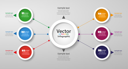 Business data visualization. Abstract elements of graph, diagram with 6 steps, options, parts or processes. Steps infographics with colorful circles. Vector eps10 business template for presentation