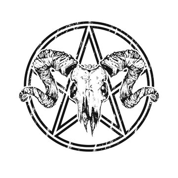 Beautiful goat skull with pentagram. Drawn by hand. Dark gothic illustration. It can be used for printing on t-shirts, postcards, or used as ideas for tattoos.