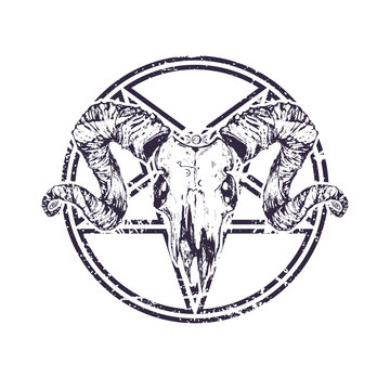 Beautiful goat skull with pentagram. Drawn by hand. Dark gothic illustration. It can be used for printing on t-shirts, postcards, or used as ideas for tattoos.