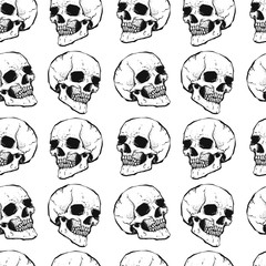 Seamless pattern with skulls. White and black colors. Grange stile. Repeating background.