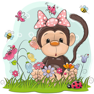 Cute Cartoon Monkey on a meadow