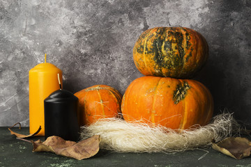 Ripe pumpkins, orange and black candle on a green background