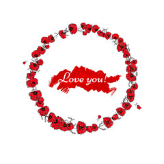 Beautiful circle frame with red poppies on a white background. Nice nature template with smeared red paint. Can be used like cards for Remembrance Day, or photo frame, or your design.