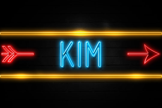 Kim  - fluorescent Neon Sign on brickwall Front view