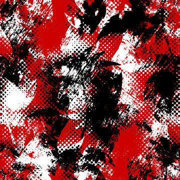 Strange chaotic background with spots and smears. Abstract seamless texture. Black, white and red colors. A little bit visible silhouette of the flower.