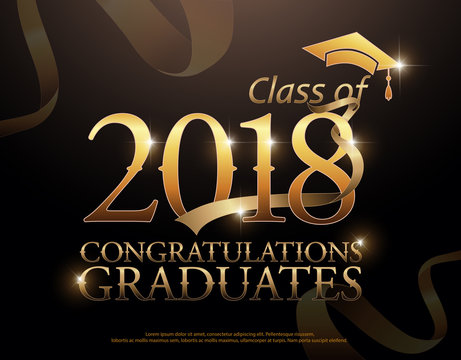 Class Of 2018 Congratulations Graduates  Gold Text With Red Ribbons On Dark Background