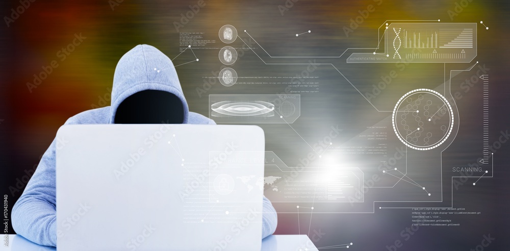 Poster composite image of hacker using white laptop at table