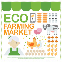 Eco farming green online market infographic elements. organic clean environment products on the farm cow, milk, egg, chicken, pig and mushroom, eco online market modern template infographic elements