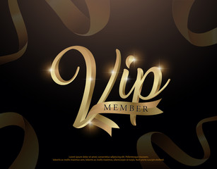 Elegant VIP member invitation logo or card gold premium lettering illustration with gold ribbon. vip design for logo, banner, template, vector illustrator - obrazy, fototapety, plakaty