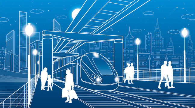 Infrastructure and transport illustration. Monorail railway. People walking under flyover. Crosswalk. Train move. Modern night city. Towers and skyscrapers. White lines. Vector design art
