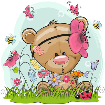 Cute Cartoon Teddy Bear girl on a meadow with flowers and butterflies