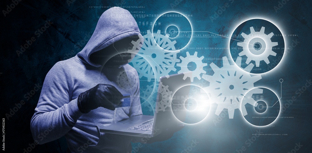 Poster composite image of hacker using credit card for cyber crime