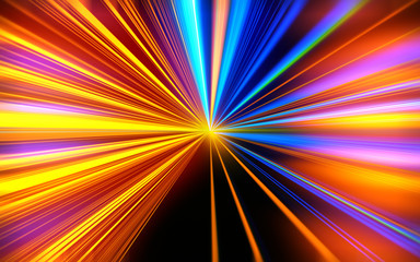 Speed motion on the neon glowing road at dark. Speed motion on the road. Colored light streaks acceleration. Abstract illustration. Blue and Orange Yellow motion streaks. Space gates.