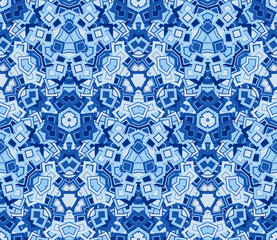 Blue abstract seamless pattern, background. Composed of geometric shapes. Useful as design element for texture and artistic compositions.