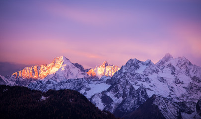  Pink and Purple Lights over the Alps Peaks - Verbier, Alps, Canton du Valais, Wallis, Switzerland - obrazy, fototapety, plakaty