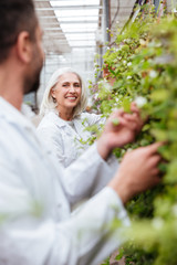Portrait of happy woman gardener looking at her colleague near plants